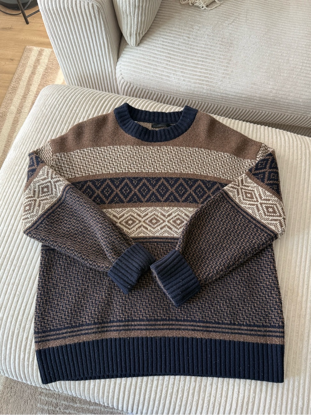 OAK + FORT Brown, Navy & Cream Patterned Crewneck Sweater
